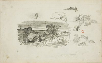 Croquis : Cadre rocheux et lapins - Charles Francois Daubigny
