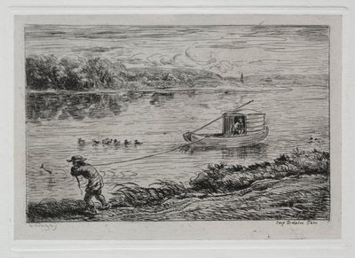 Le voyage en bateau : garçon de cabine tirant la corde, 1861 - Charles Francois Daubigny