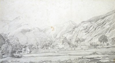 Vue de bâtiments dans une enceinte fortifiée avec des montagnes en arrière-plan, milieu du XIXe siècle - Charles Francois Daubigny