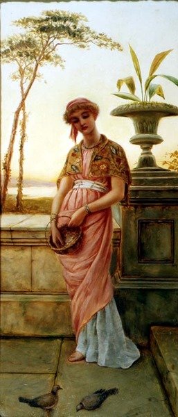 Femme Classique Nourrissant des Oiseaux - Charles Frederick Lowcock
