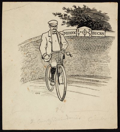 Un homme à vélo devant un panneau marquant la frontière entre le Middlesex et le Buckinghamshire - Charles George Harper
