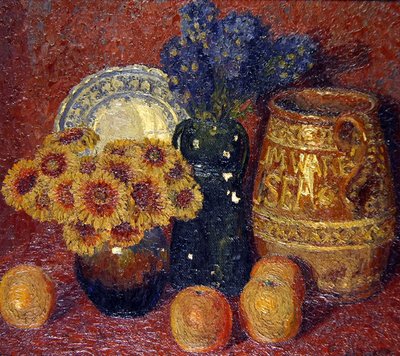Nature morte : fleurs, poterie et pommes - Charles Ginner