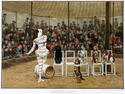 Les chiens savants : scène de cirque avec clown et chiens - d