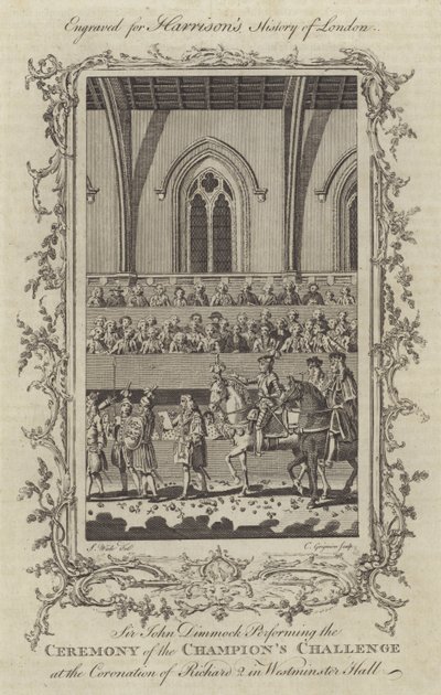 Sir John Dimmock Effectuant la Cérémonie du Défi des Champions lors du Couronnement de Richard II dans le Hall de Westminster, 1377 - Charles Grignion
