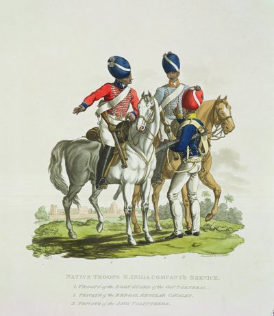Troupes indigènes au service de la Compagnie des Indes orientales : un cavalier de la garde du corps du gouverneur général, un soldat de la cavalerie régulière du Bengale et un soldat volontaire de Java, gravé par Joseph - Charles Hamilton Smith