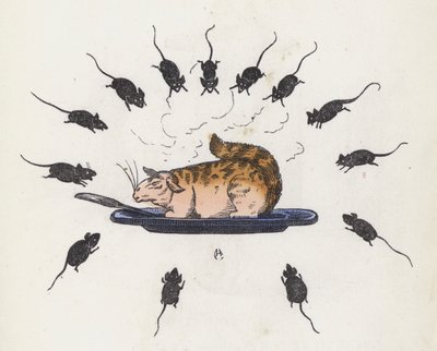 Chat glouton sur une assiette entouré de souris affamées - Charles Henry (after) Bennett
