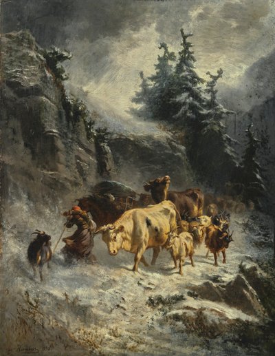 French: Troupeau dans une tempête de neige Herd in a snowstorm - Charles Humbert