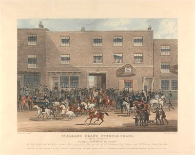 Courses de steeple-chase [ensemble de six] : Grand steeple-chase de St. Albans. / 8 mars 1832. Planche 1. Préparation au départ... - Charles Hunt