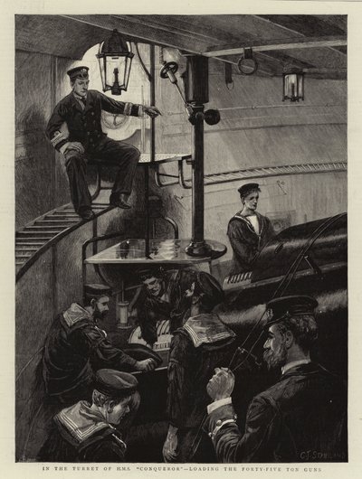 Dans la tourelle du HMS Conqueror, chargement des canons de quarante-cinq tonnes - Charles J. Staniland
