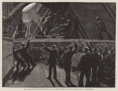 Les manœuvres navales, hissage du bateau à vapeur à bord du HMS Conqueror - Charles J. Staniland