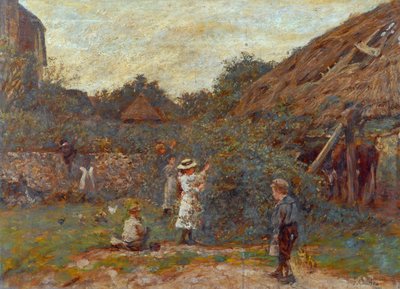 Scène dans une cour de ferme avec des enfants cueillant des fruits, 1901 - Charles James