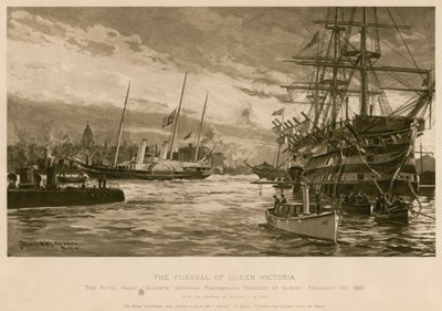 Les funérailles de la reine Victoria. Le yacht royal Alberta, transportant le corps de la reine, entrant dans le port de Portsmouth au coucher du soleil - Charles John de (after) Lacy