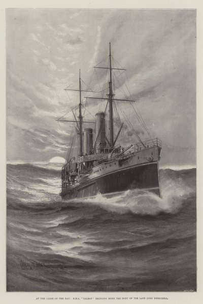 À la fin de la journée, HMS Talbot ramenant le corps du défunt Lord Herschell - Charles John de Lacy