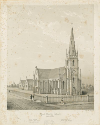 Burton-upon-Trent - Église du Christ et écoles: gravure - Charles Joseph Hullmandel