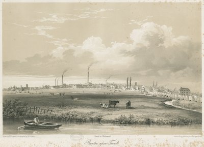 Pont et ville de Burton-upon-Trent : lithographie teintée - Charles Joseph Hullmandel
