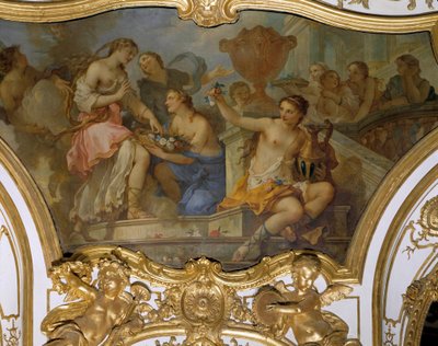 Histoire de Psyché : Les nymphes offrant des fleurs à Psyché sur le seuil du palais de l