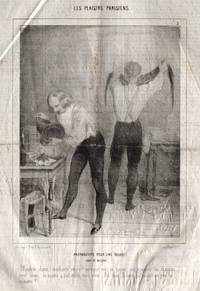 Les Plaisirs Parisiens: Préparatifs pour une soirée. Luxe et misère. Maudite plume! méchante encre!... - Charles Joseph Traviès de Villers