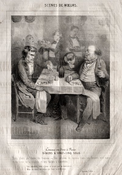 Scènes de mœurs : Comment on dîne à Paris. Dîners à vingt-cinq sous. Trois plats au choix du traiteur - Charles Joseph Traviès de Villers