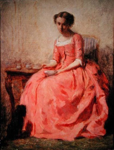 Fille en robe rose à une table - Charles Joshua Chaplin