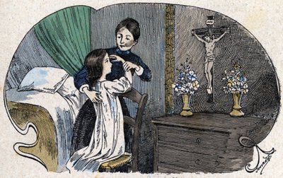 Le signe de la croix. Illustration de Jouvenot. Bibliothèque des catéchismes. Paris. Collection Leemage - Charles Jouvenot