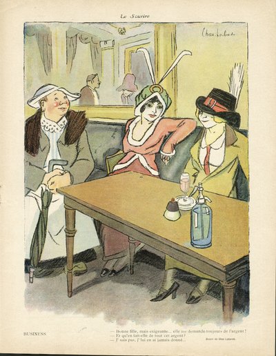 Illustration de Chas-Laborde (1886-1941) dans Le Sourire, no 9, 27/02/13 - Affaires - Restaurants Cafés, Mode, Chapeau - Cupidité, Avarice - Femmes - Charles Laborde