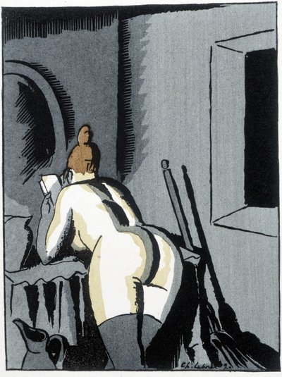 Femme nue, de dos, lisant - dans « Le nègre Léonard » par Pierre Mac Orlan, ill. de Chas. Laborde (Charles Laborde) (1886-1941), éd. de la bannière - Charles Laborde