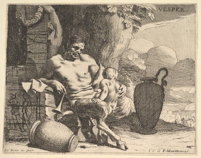 Soir : un satyre assis serre son enfant, une figure accroche une guirlande sur un pilier au-delà, vers 1640 - Charles Le Brun