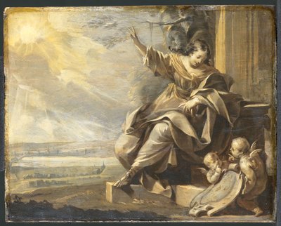 French : Figure féminine assise avec deux putti et paysage fluvial, grisaille Allegorical Female Figure with Two Putti - Charles Le Brun