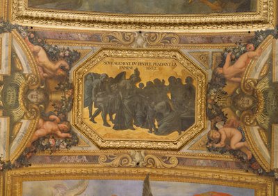 Aider les gens pendant la famine de 1662, peinture au plafond de la Galerie des Glaces - Charles Le Brun