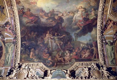 Le roi Louis XIV (1638-1715) gouvernant seul en 1661, peinture au plafond de la Galerie des Glaces - Charles Le Brun