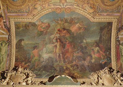 Le roi Louis XIV (1638-1715) prenant les armes sur terre et sur mer en 1672, peinture au plafond de la Galerie des Glaces - Charles Le Brun