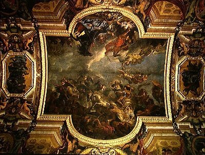 Vue du roi prenant Maastricht en treize jours en 1673 et le passage sur le Rhin en présence des ennemis en 1672, peinture au plafond de la Galerie des Glaces - Charles Le Brun