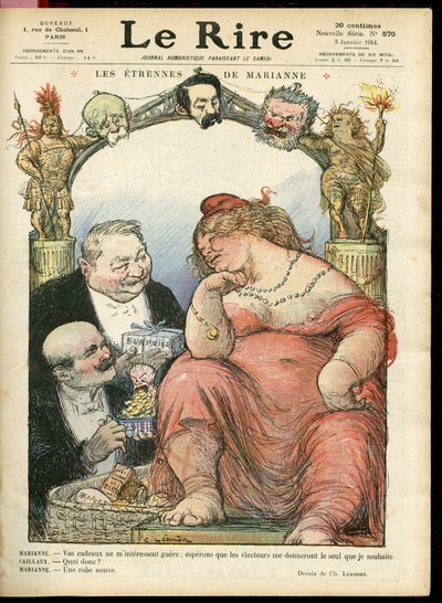Illustration de Charles Leandre pour la couverture de Le Rire, 03/01/14 - Les étrennes de Marianne - Tribun - Clemenceau George, Jaurès Jean, Briand Aristide, Marianne, Caillaux Joseph - Charles Leandre