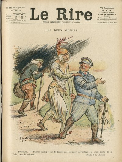 Illustration de Charles Leandre pour la couverture de Le Rire, 24/06/22 - Les deux guides - Angleterre Grande-Bretagne, Europe, Président de la République, Paix, Chapeau - Poinsare Raymond, David Lloyd George - Charles Leandre