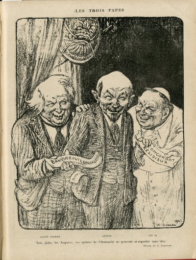 Illustration de Charles Léandre (1862-1934) dans Le Rire, 03/06/22 - Les Trois Papes - Angleterre Grande-Bretagne, U.R.S.S., Vérifier dates, Reichstag - Lénine, Lloyd George, Pie XI - Charles Leandre