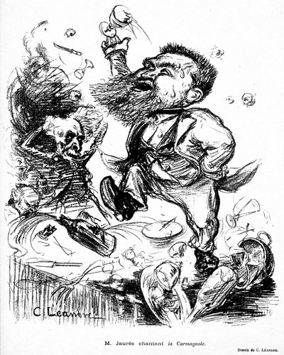 Jean Jaurès dansant et chantant la Carmagnole sur une table de banquet (présumé ivre) image dans Le Rire n°105 du 7 novembre - Charles Leandre