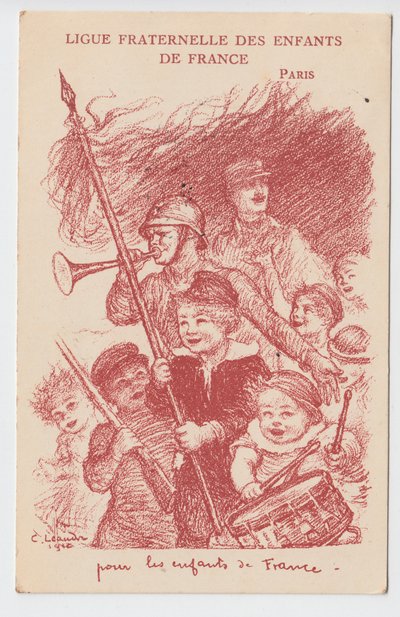 Carte postale, Satirique en Couleurs : Ligue fraternelle des enfants de France - Guerre de 14-18, Enfance, Journées patriotiques Illustration de Charles Léandre (1862-1934) - Charles Leandre