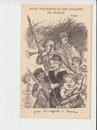 Carte postale, Satirique en N & B : Ligue fraternelle des enfants de France - Guerre de 14-18, Musique, Enfance, Ligue fraternelle des enfants de France - Illustration de soldats par Charles Léandre (1862-1934) - Charles Leandre