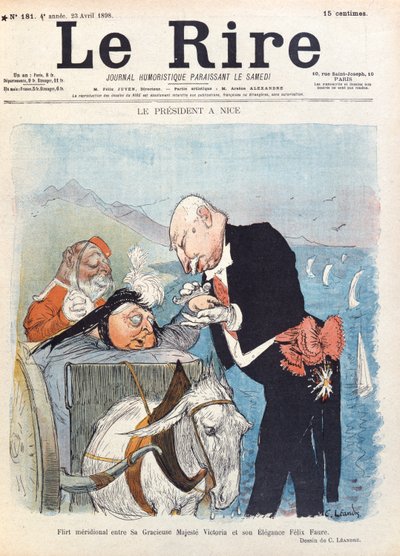 La reine Victoria (1819-1901) flirte avec le président Félix Faure (1841-99) pendant ses vacances à Nice, couverture du magazine 