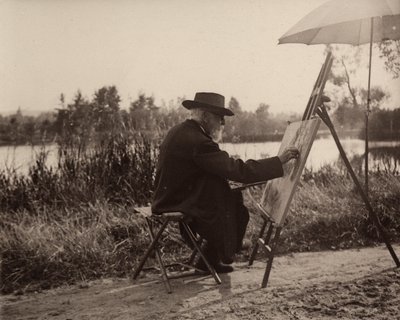 Le peintre Lhermitte Léon (1844-1925), travaillant sur la rive de la Marne, non loin de sa propriété, vers 1914-1915, France - Charles Lhermitte