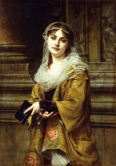 Une jeune femme devant une église - Charles Louis Lucien Muller