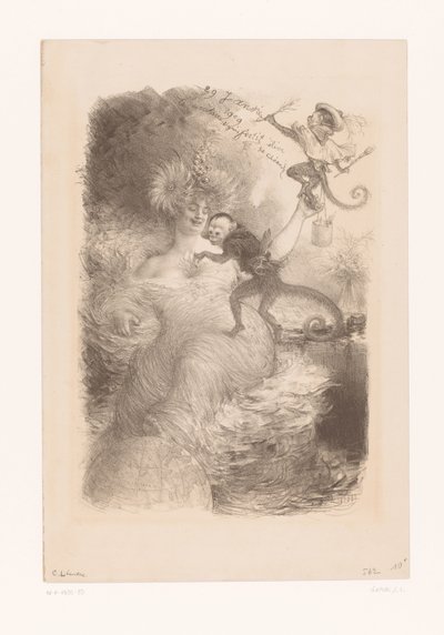 Femme avec globe terrestre, piles de papiers et deux singes - Charles Lucien Leandre