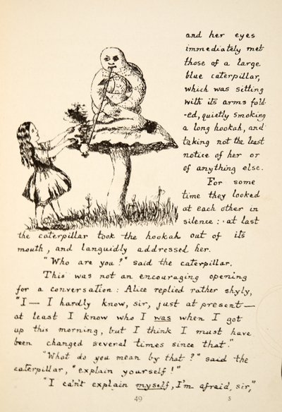 Alice reçoit des conseils de la chenille bleue, illustration des Aventures d