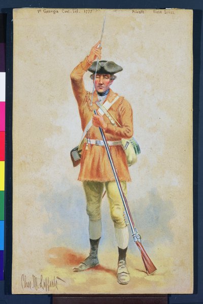 Uniformes de la Révolution américaine : 1777 Tenue de campagne privée du 1er Infanterie continentale de Géorgie - Charles MacKubin Lefferts