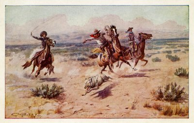 Cowboys poursuivant un loup des prairies - Charles Marion Russell