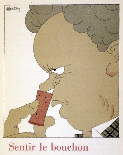 Sentir le bouchon - dans « Monseigneur le vin », dessin de Charles Martin (1884-1934), fascicule des Établissements Nicolas - Charles Martin