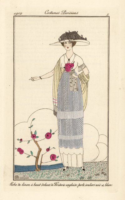 Femme en robe de lin avec dentelle anglaise perlée, chaussons noirs et blancs - Charles Martin