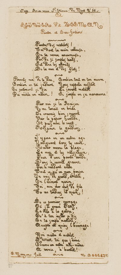Vers dédicatoires de Meryon à Reinier Nooms, dit Zeeman - Charles Meryon