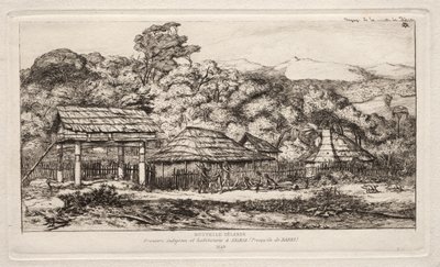 Granges et huttes indigènes à Akaroa, Péninsule de Banks, 1845 - Charles Meryon