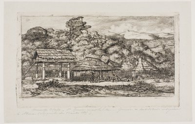 Granges et huttes indigènes à Akaroa, péninsule de Banks, 1845 - Charles Meryon